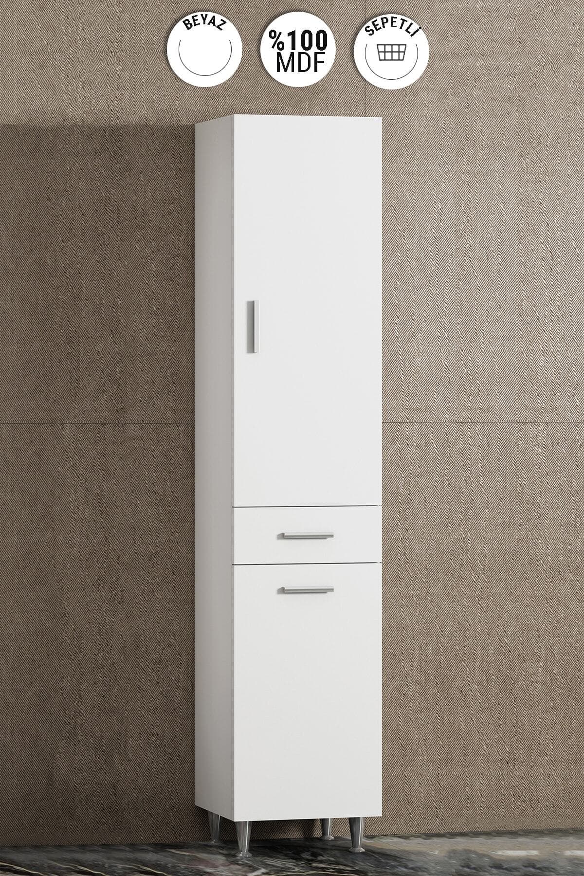 35*195 cm Beyaz MDF Sepetli Ayaklı Banyo Boy Dolabı