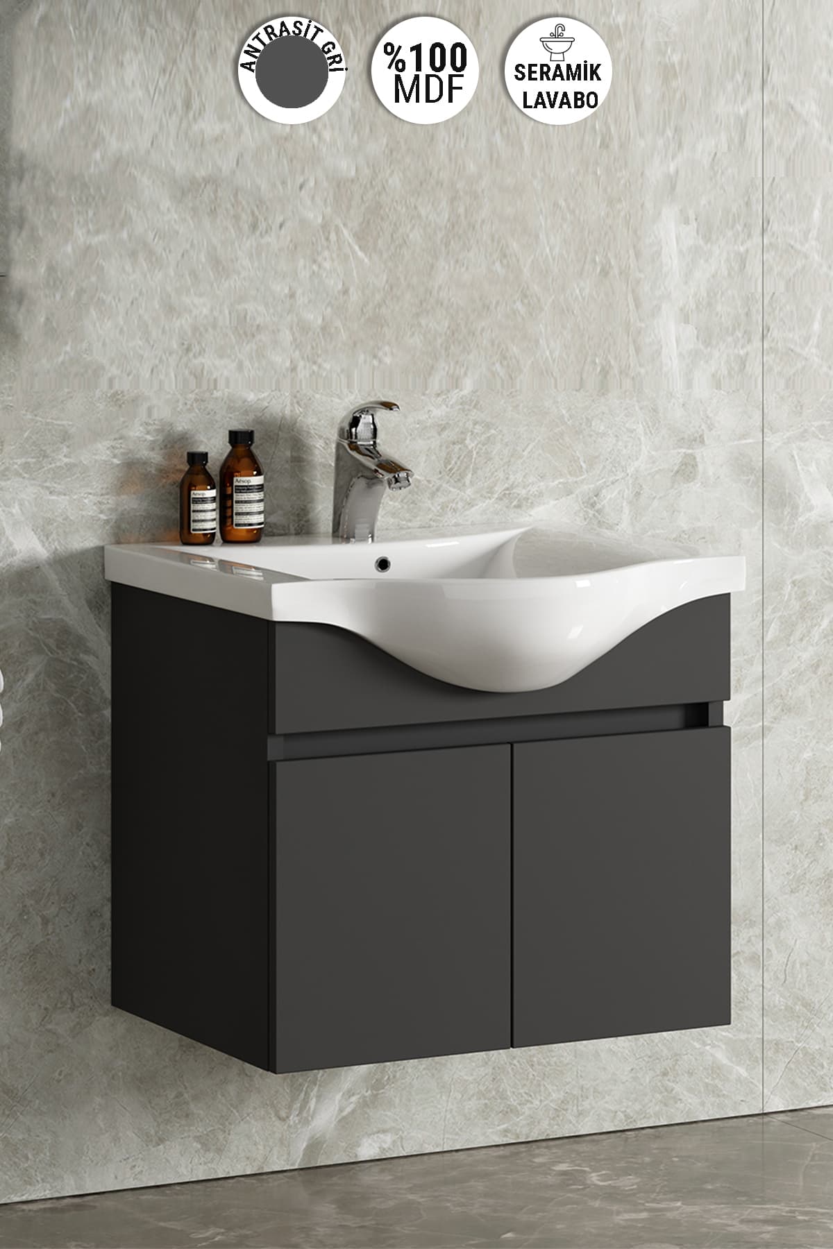 Yıldız 75 cm Antrasit Gri Mat MDF Seramik Lavabolu Asma Banyo Alt Dolabı