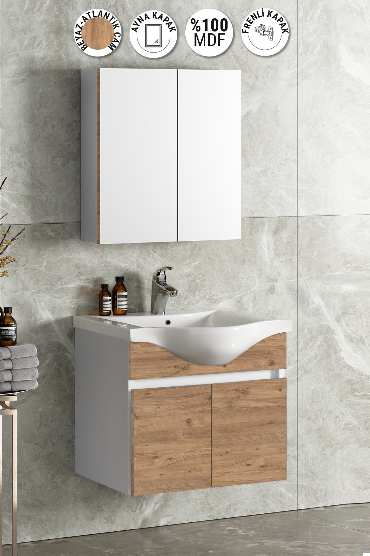 Yıldız 55 cm Beyaz-Atlantik Çam MDF Seramik Lavabolu Asma Banyo Dolabı Takımı