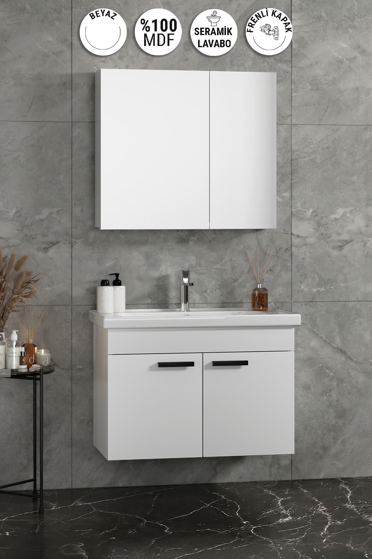 Çiğdem Kulplu 80 cm Beyaz MDF Seramik Lavabolu Asma Banyo Dolabı Takımı