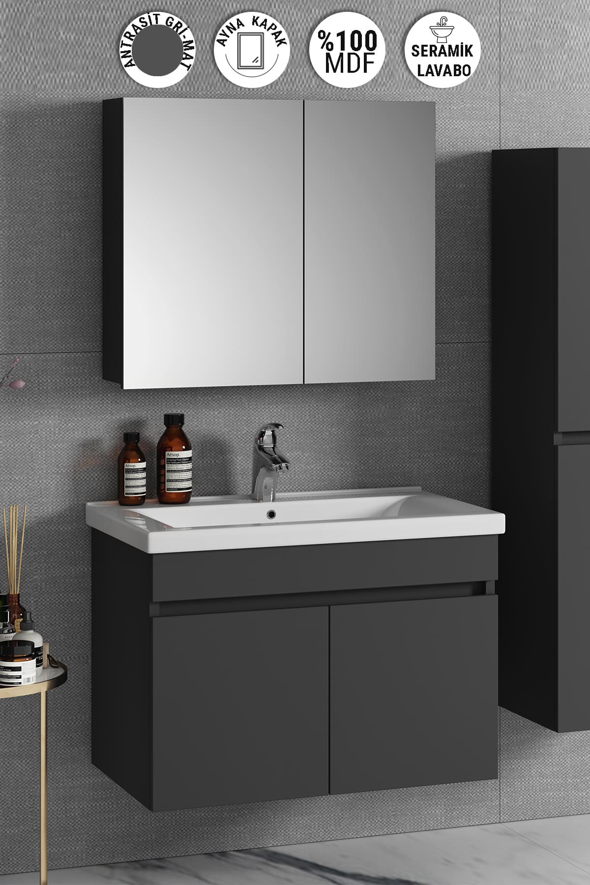 Çiğdem 80 cm Antrasit Gri Mat MDF Seramik Lavabolu Asma Banyo Dolabı Takımı