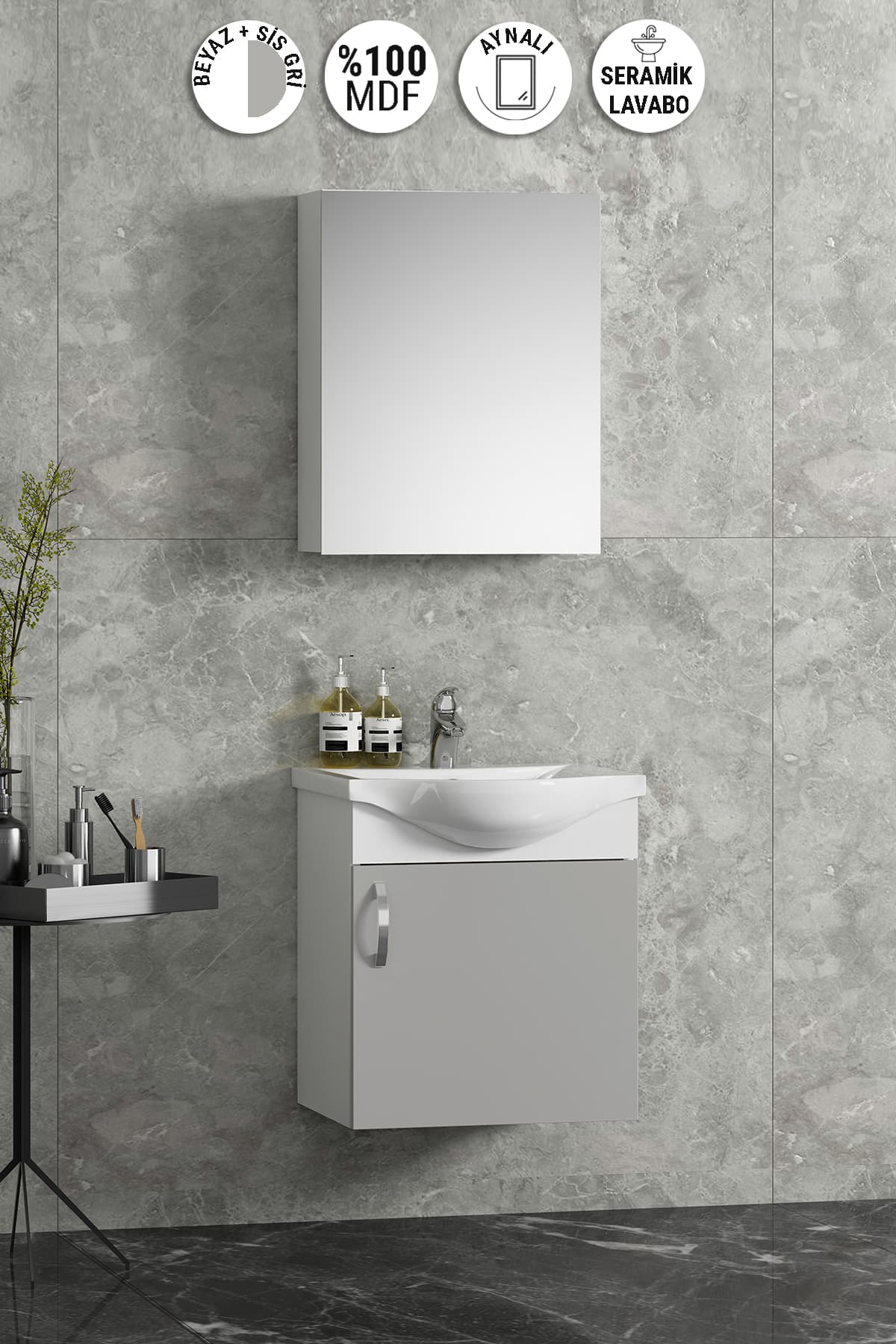 Yıldız 45 cm Beyaz-Sis Gri MDF Seramik Lavabolu Asma Banyo Alt Dolabı