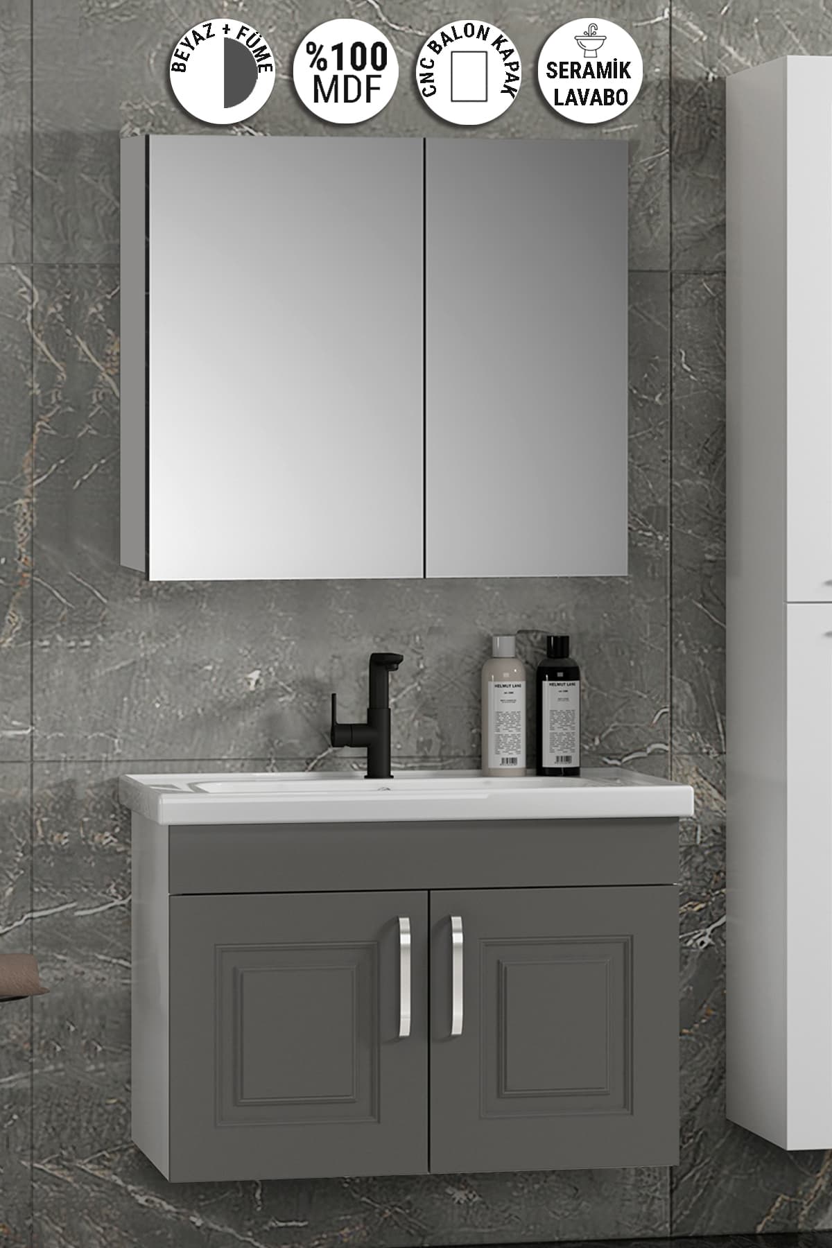 Salkım 80 cm Beyaz-Füme Balon MDF Seramik Lavabolu Asma Banyo Dolabı Takımı