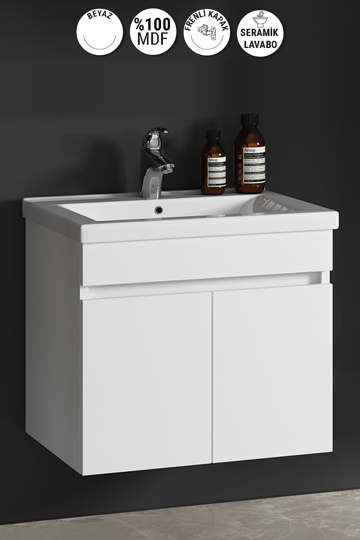 Çiğdem 65 cm Beyaz MDF Seramik Lavabolu Asma Banyo Alt Dolabı