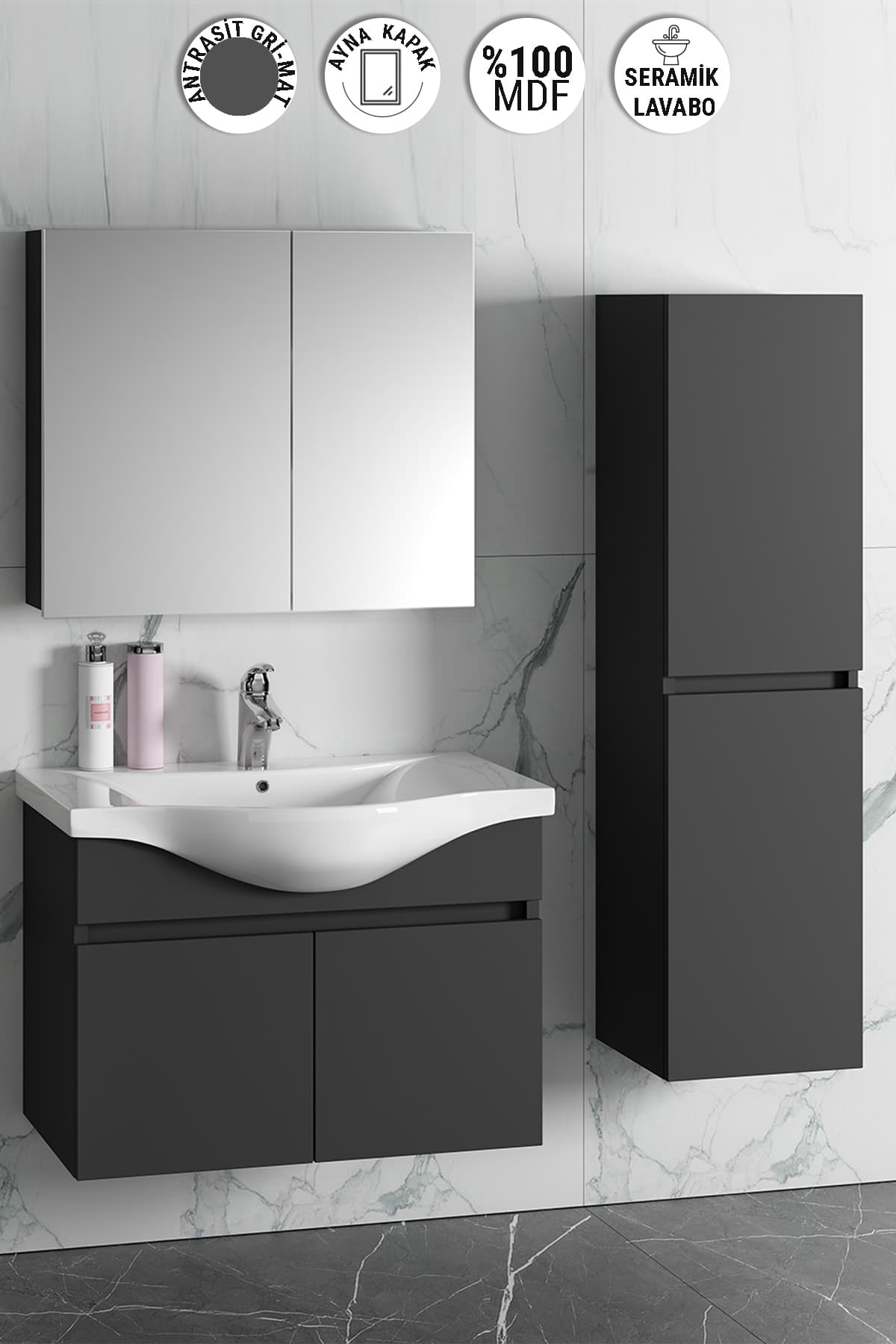 Yıldız 80+35 cm Antrasit Gri Mat Mdf Seramik Lavabolu Sepetli Asma Banyo Dolabı Takımı