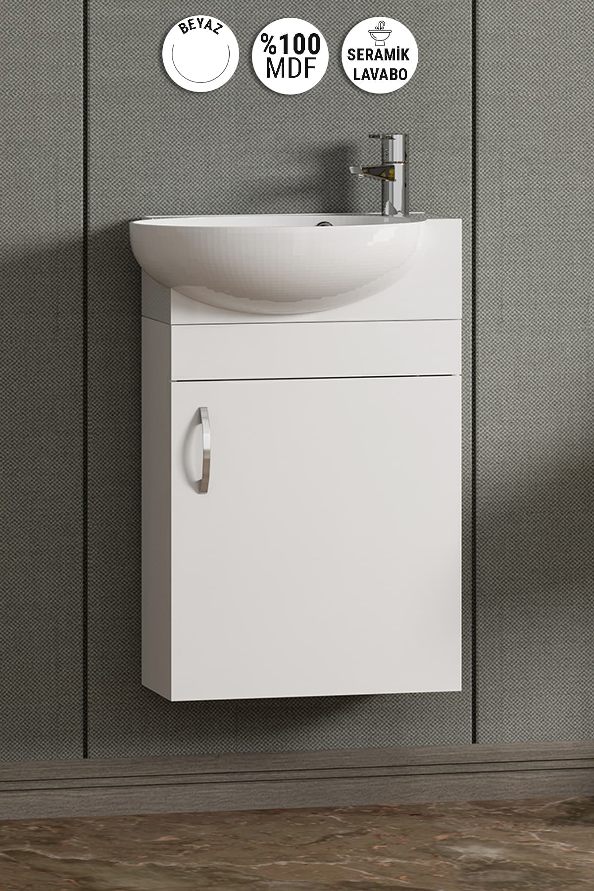 Lale 45 cm Beyaz MDF Seramik Lavabolu Asma Alt Banyo Dolabı