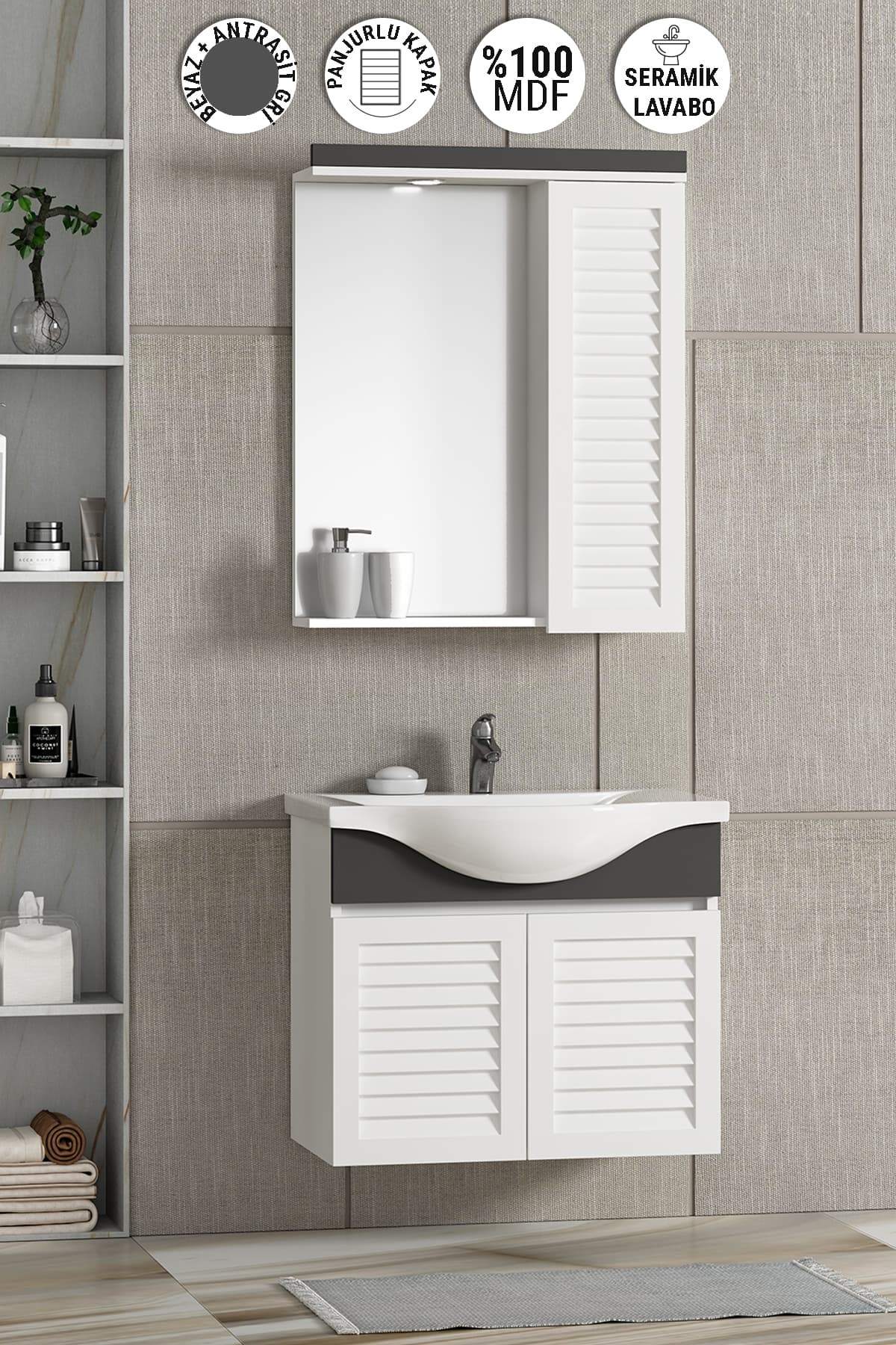Lilyum 65 cm Beyaz-Antrasit Gri Mat MDF Panjur Balon Kapak Seramik Lavabolu Asma Banyo Dolabı Takımı