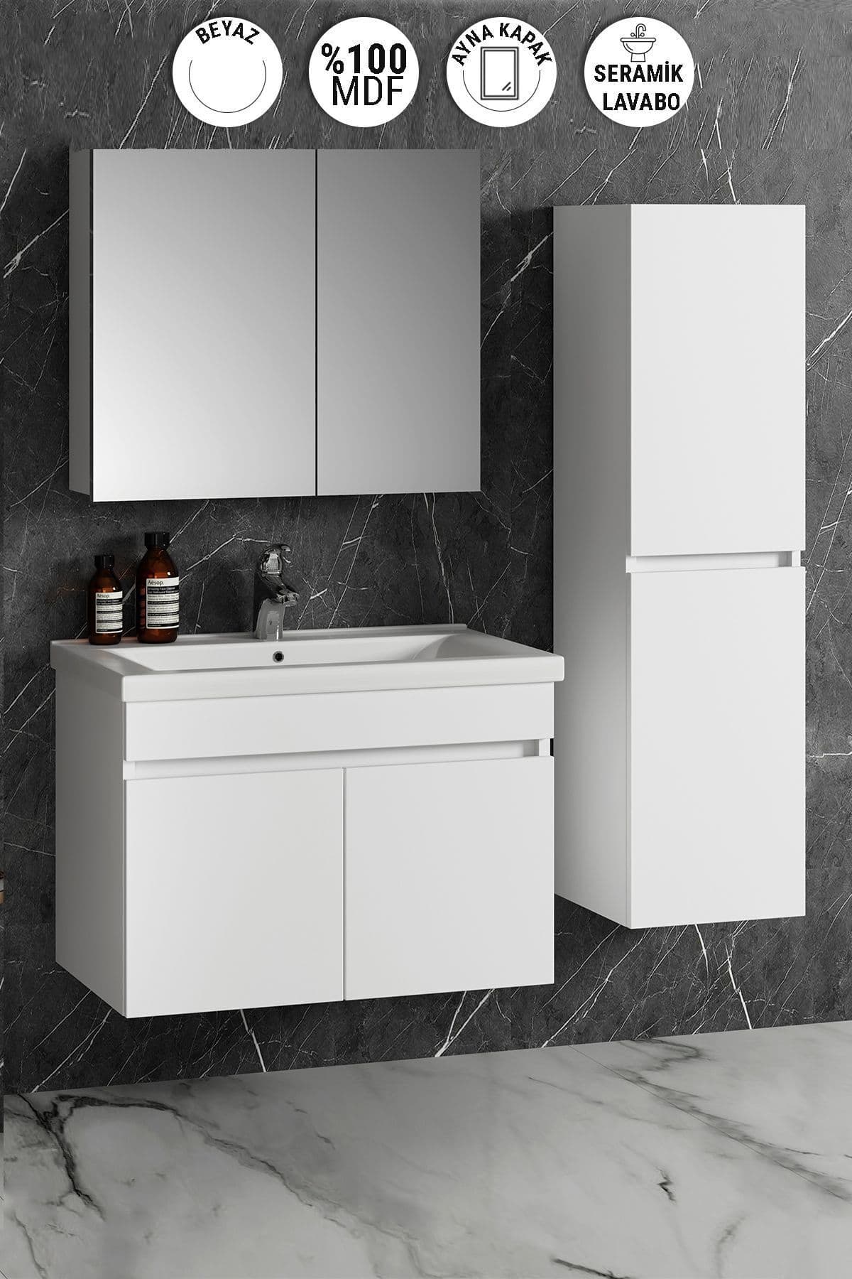 Çiğdem 80+35 cm Beyaz MDF Seramik Lavabolu Sepetli Asma Banyo Dolabı Takımı