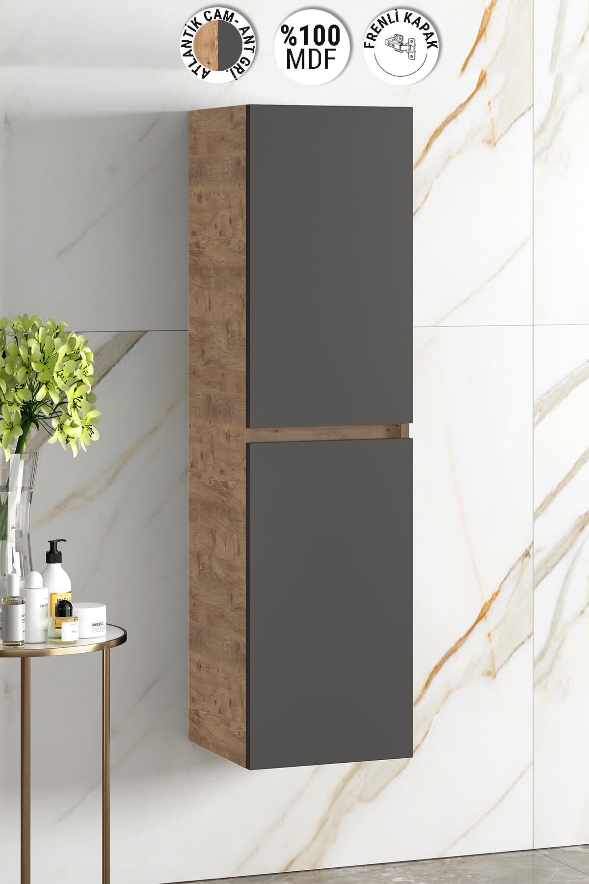 Yıldız 35x130 cm Atlantik Çam-antrasit Gri Mat Mdf Asma Banyo Boy Dolabı