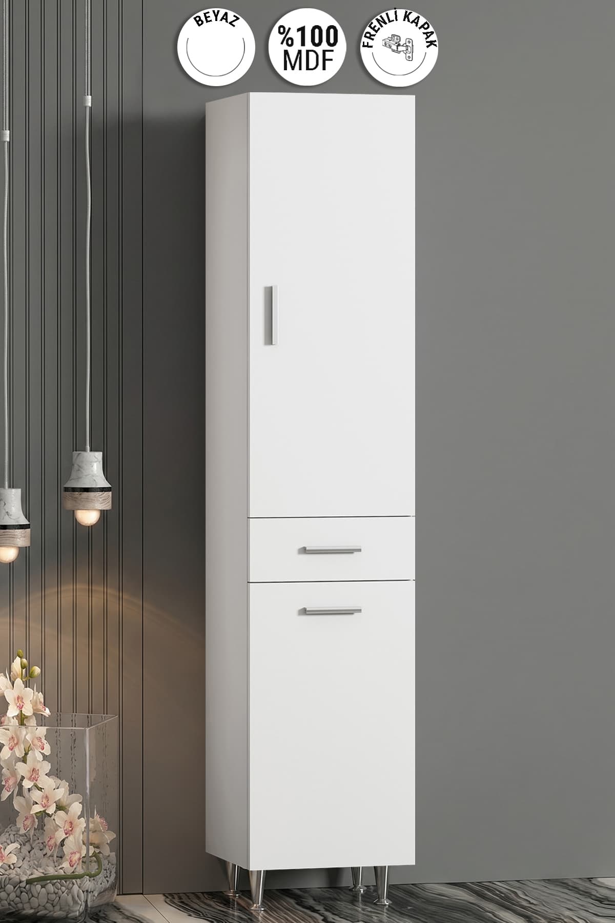 Boy 40*195 cm Beyaz MDF Sepetsiz Banyo Boy Dolabı