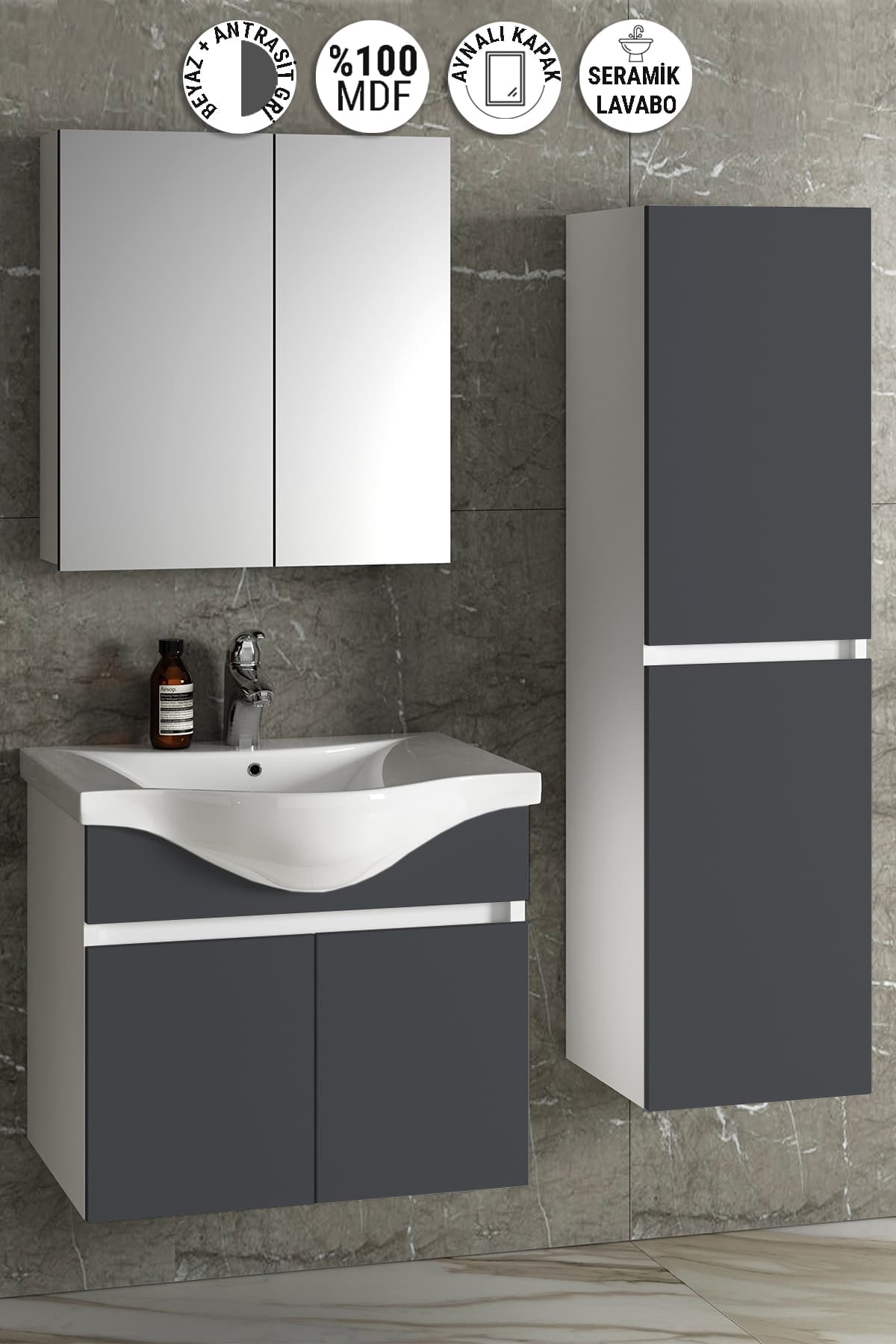 Yıldız 65+35 cm Beyaz-Antrasit Gri Mat MDF Seramik Lavabolu Asma Banyo Dolabı Takımı