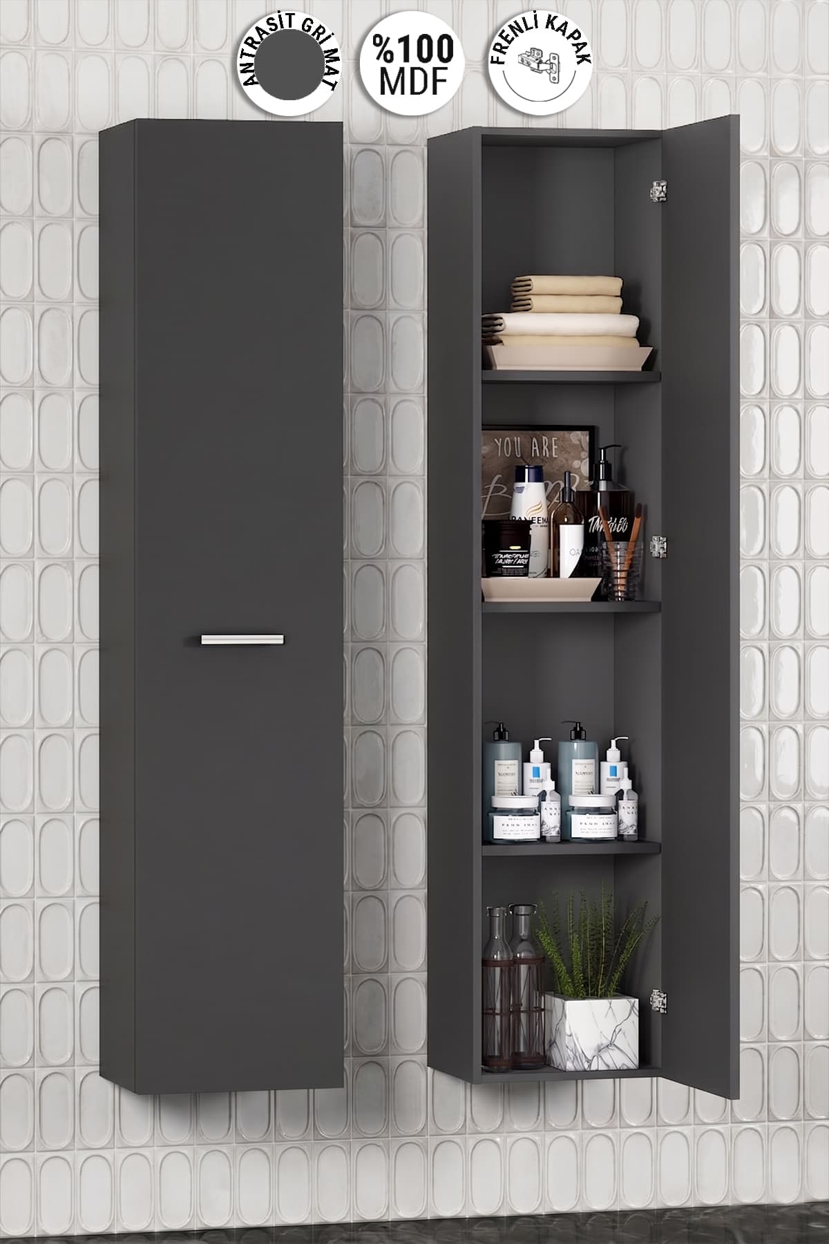 Yeni Boy 35*167 cm Antrasit Gri Mat MDF Tek Kapaklı Asma Banyo Boy Dolabı