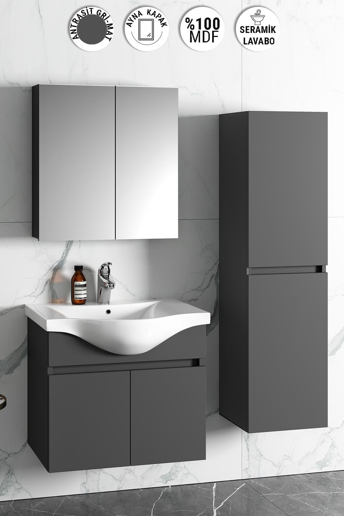 Yıldız 65+35 cm Antrasit Gri Mat MDF Seramik Lavabolu Asma Banyo Dolabı Takımı