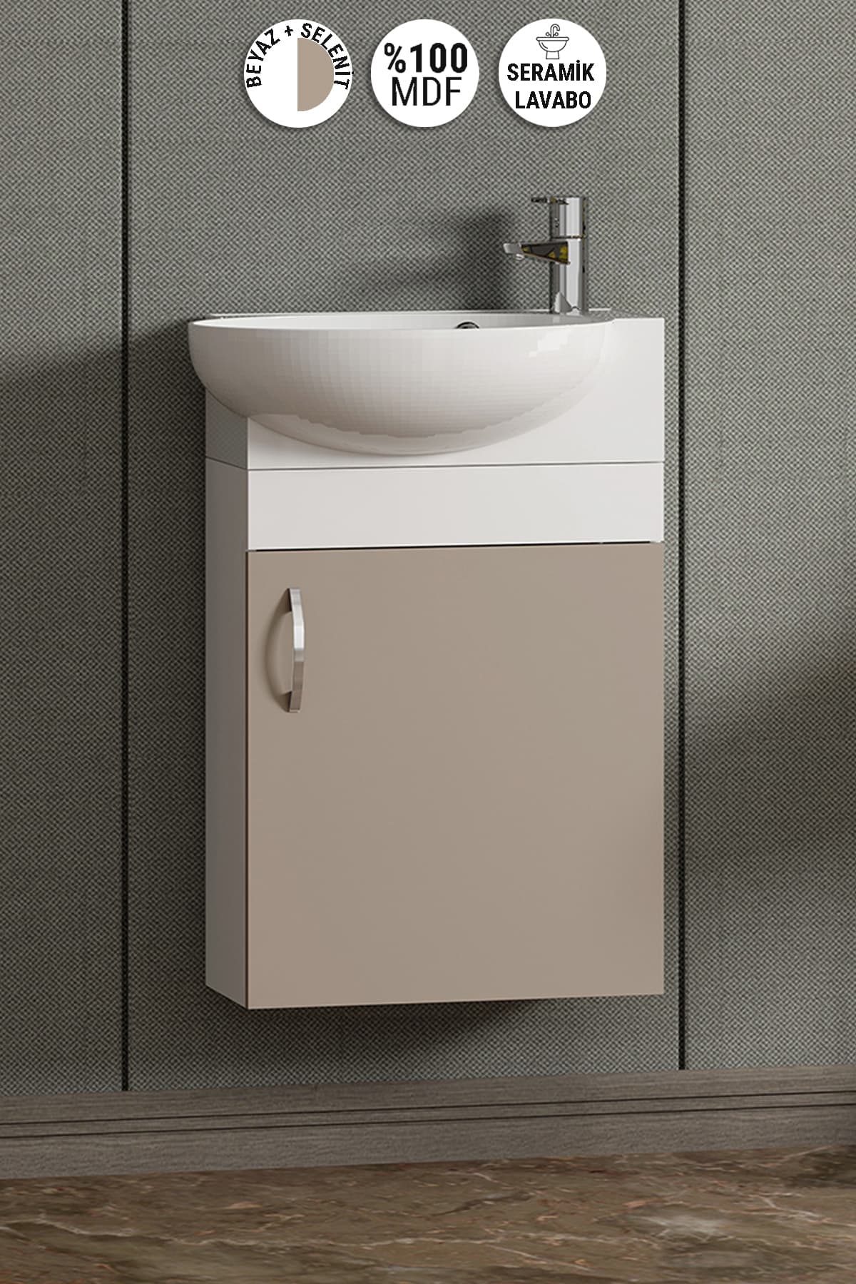 Lale 45 cm Beyaz-Selenit MDF Seramik Lavabolu Asma Alt Banyo Dolabı