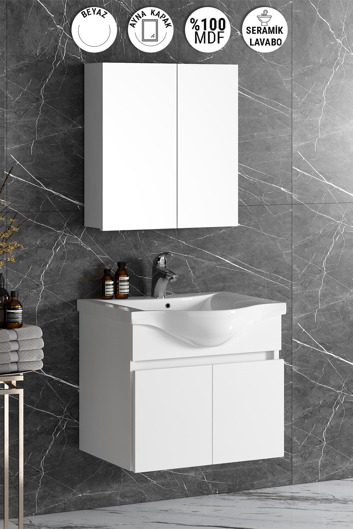 Yıldız 55 cm Beyaz MDF Seramik Lavabolu Asma Banyo Dolabı Takımı
