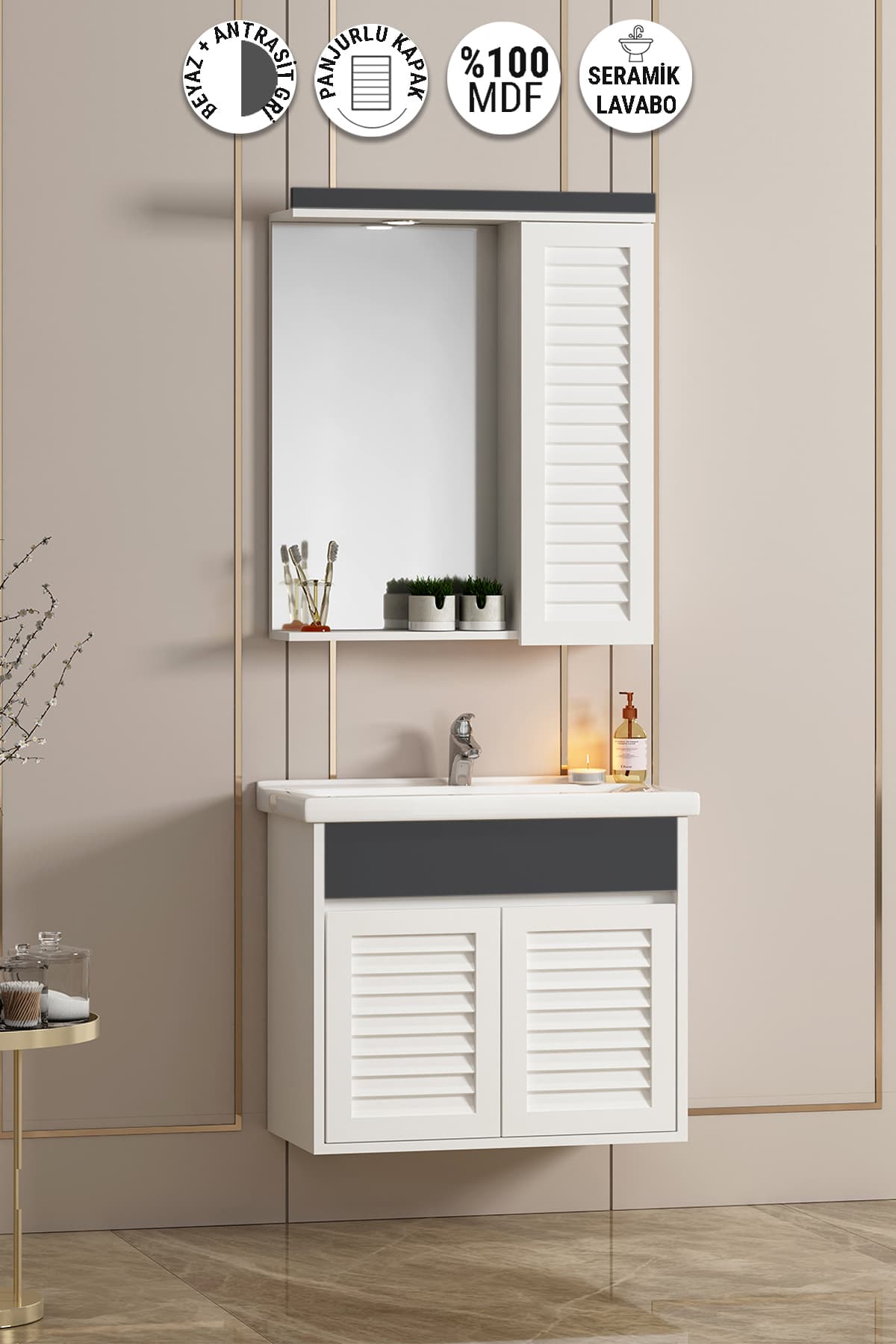 Çuha 55 cm Beyaz-Antrasit Gri Mat MDF Panjur Balon Kapak Seramik Lavabolu Asma Banyo Dolabı Takımı
