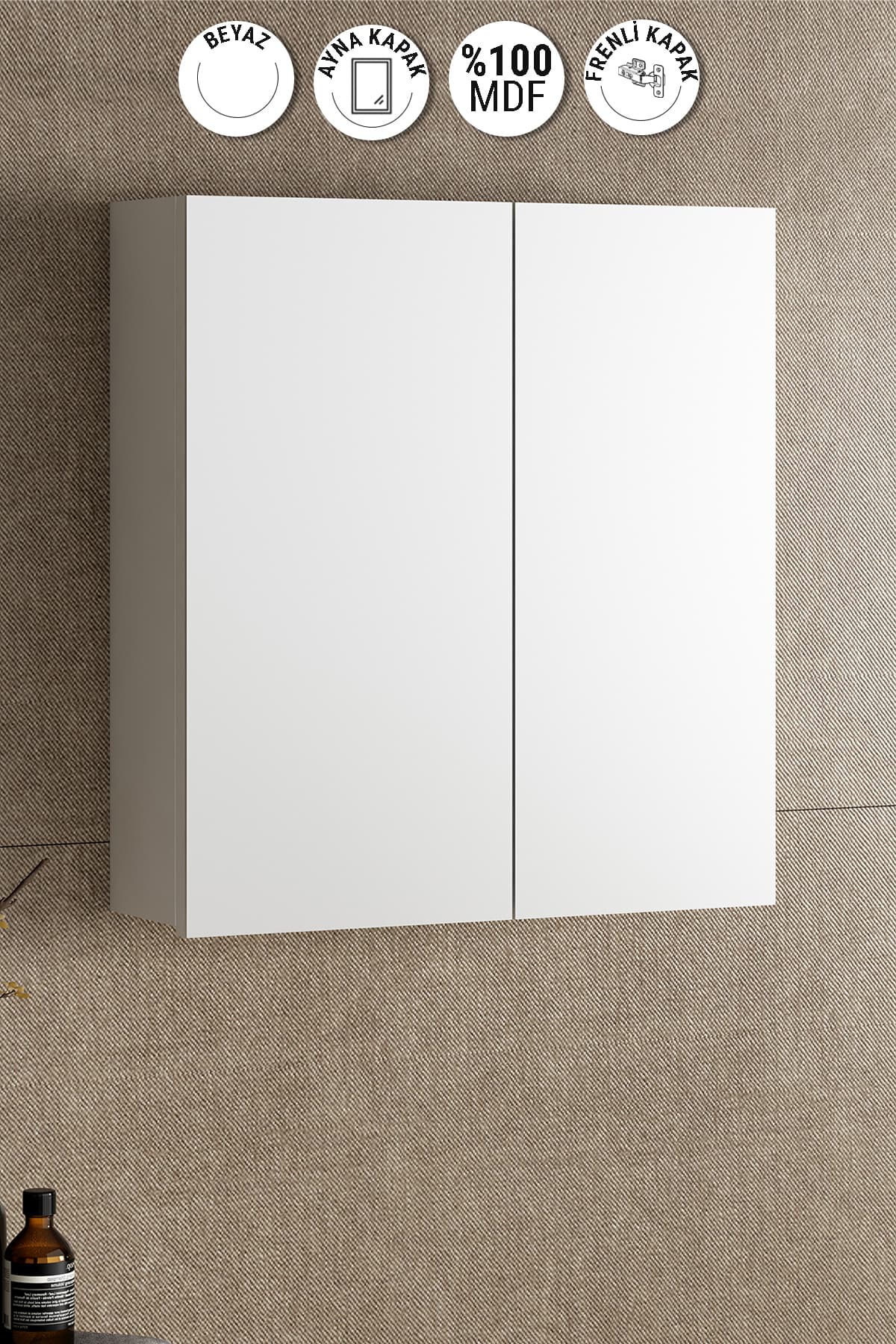 Çiğdem 65 cm Beyaz MDF Aynalı Asma Banyo Üst Dolabı