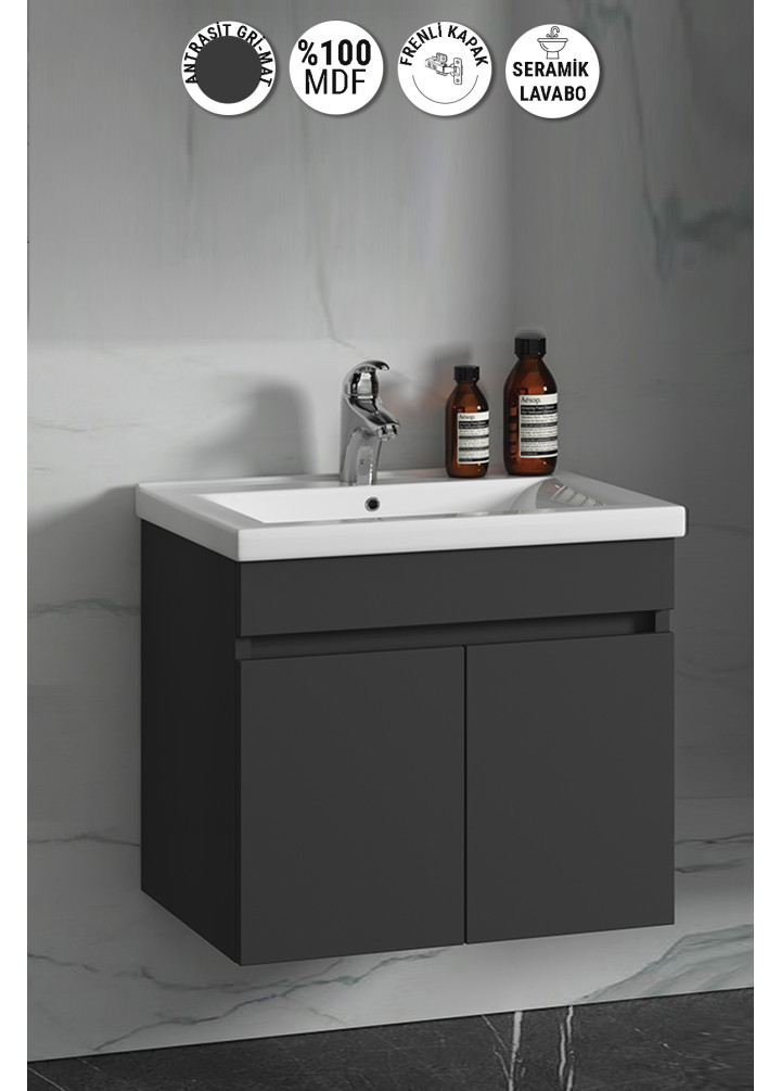 Çiğdem 55 cm Antrasit Gri Mat MDF Seramik Lavabolu Asma Banyo Alt Dolabı