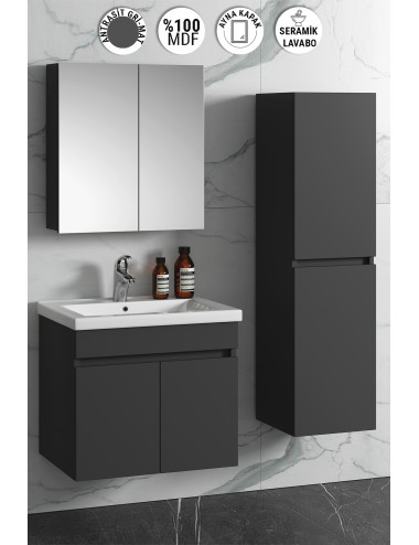 Çiğdem 55+35 cm Antrasit Gri Mat MDF Seramik Lavabolu Asma Banyo Dolabı Takımı