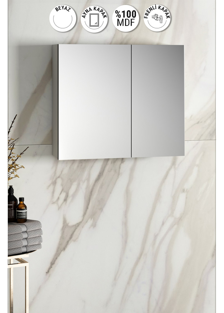 Çiğdem 80 cm Beyaz MDF Aynalı Asma Banyo Üst Dolabı 