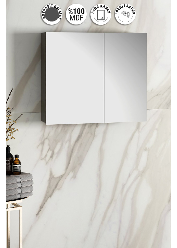 Çiğdem 80 cm Antrasit Gri Mat MDF Aynalı Asma Banyo Üst Dolabı 