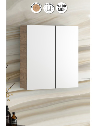 Çiğdem 55 cm Atlantik Çam MDF Aynalı Asma Banyo Üst Dolabı