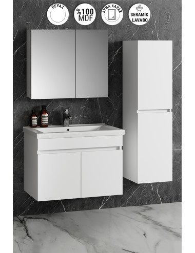 Çiğdem 80+35 cm Beyaz MDF Seramik Lavabolu Asma Banyo Dolabı Takımı