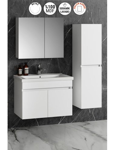 Çiğdem 80+35 cm Beyaz Balon MDF Seramik Lavabolu Sepetli Asma Banyo Dolabı Takımı