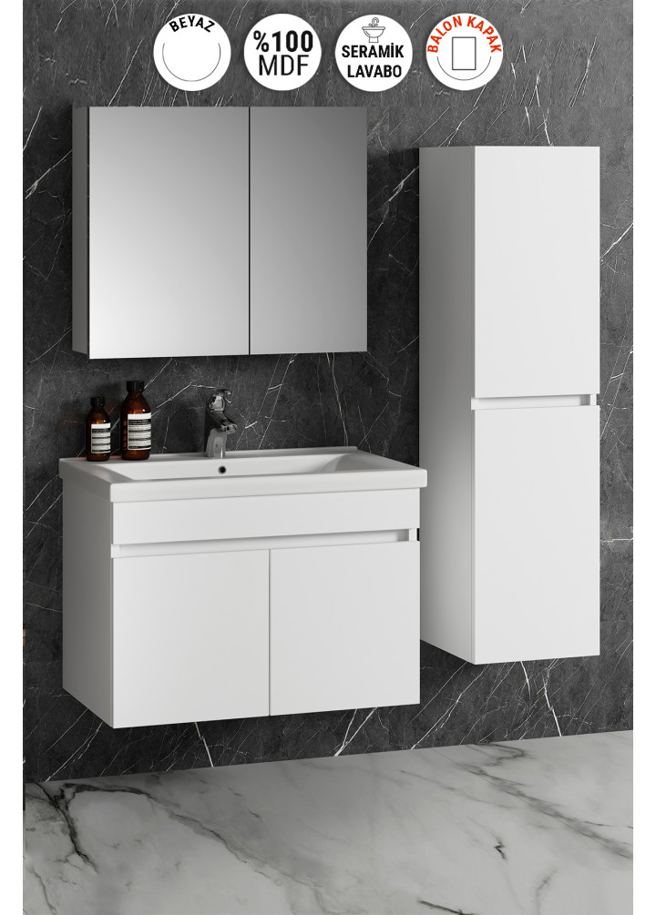 Çiğdem 80+35 cm Beyaz Balon MDF Seramik Lavabolu Asma Banyo Dolabı Takımı