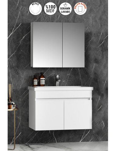 Çiğdem 80 cm Beyaz Balon MDF Seramik Lavabolu Asma Banyo Dolabı Takımı