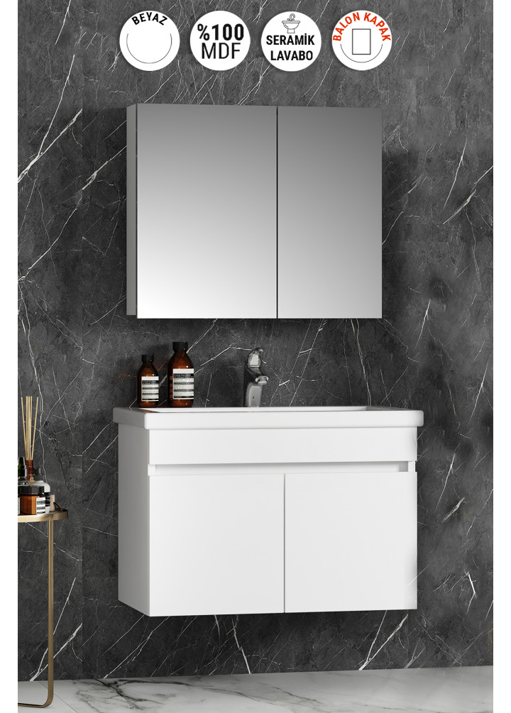 Çiğdem 80 cm Beyaz Balon MDF Seramik Lavabolu Asma Banyo Dolabı Takımı