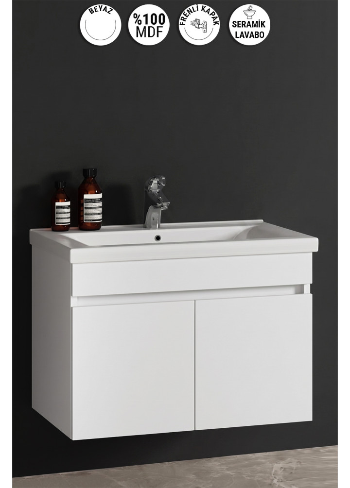 Çiğdem 80 cm Beyaz MDF Seramik Lavabolu Asma Banyo Alt Dolabı