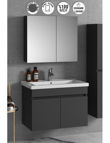 Çiğdem 80 cm Antrasit Gri Mat MDF Seramik Lavabolu Asma Banyo Dolabı Takımı