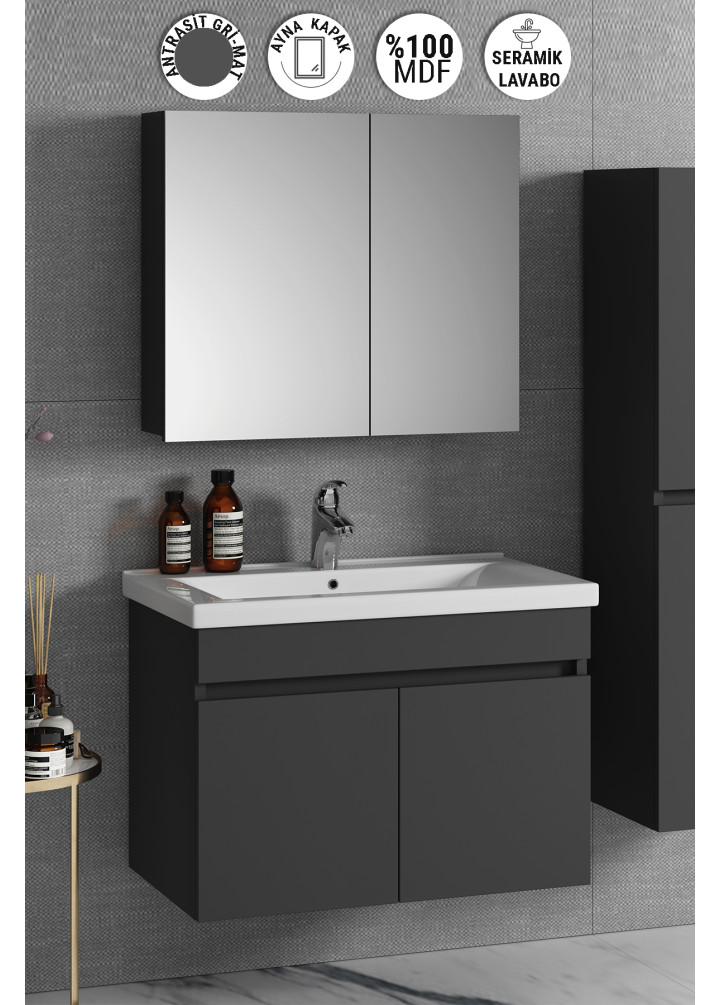 Çiğdem 80 cm Antrasit Gri Mat MDF Seramik Lavabolu Asma Banyo Dolabı Takımı