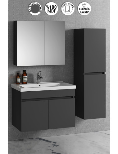 Çiğdem 80+35 cm Antrasit Gri Mat MDF Seramik Lavabolu Sepetli Asma Banyo Dolabı Takımı