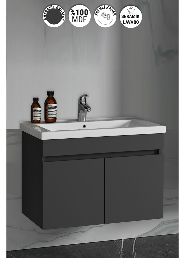 Çiğdem 80 cm Antrasit Gri Mat MDF Seramik Lavabolu Asma Banyo Alt Dolabı