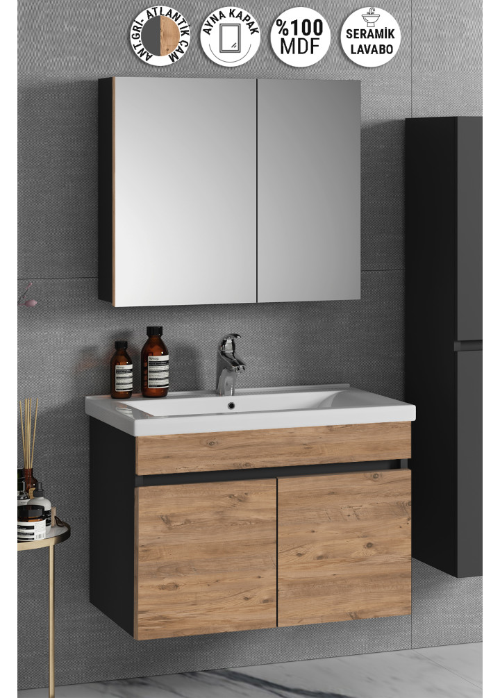 Çiğdem 80 cm Antrasit Gri Mat-Atlantik Çam MDF Seramik Lavabolu Asma Banyo Dolabı Takımı