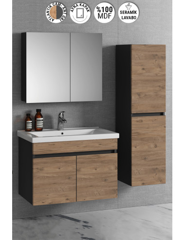 Çiğdem 80+35 cm Antrasit Gri Mat-Atlantik Çam MDF Seramik Lavabolu Asma Banyo Dolabı Takımı