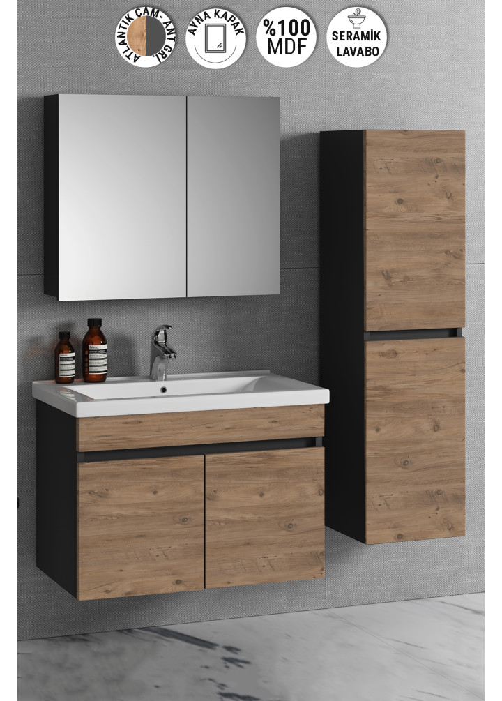 Çiğdem 80+35 cm Antrasit Gri Mat-Atlantik Çam MDF Seramik Lavabolu Asma Banyo Dolabı Takımı