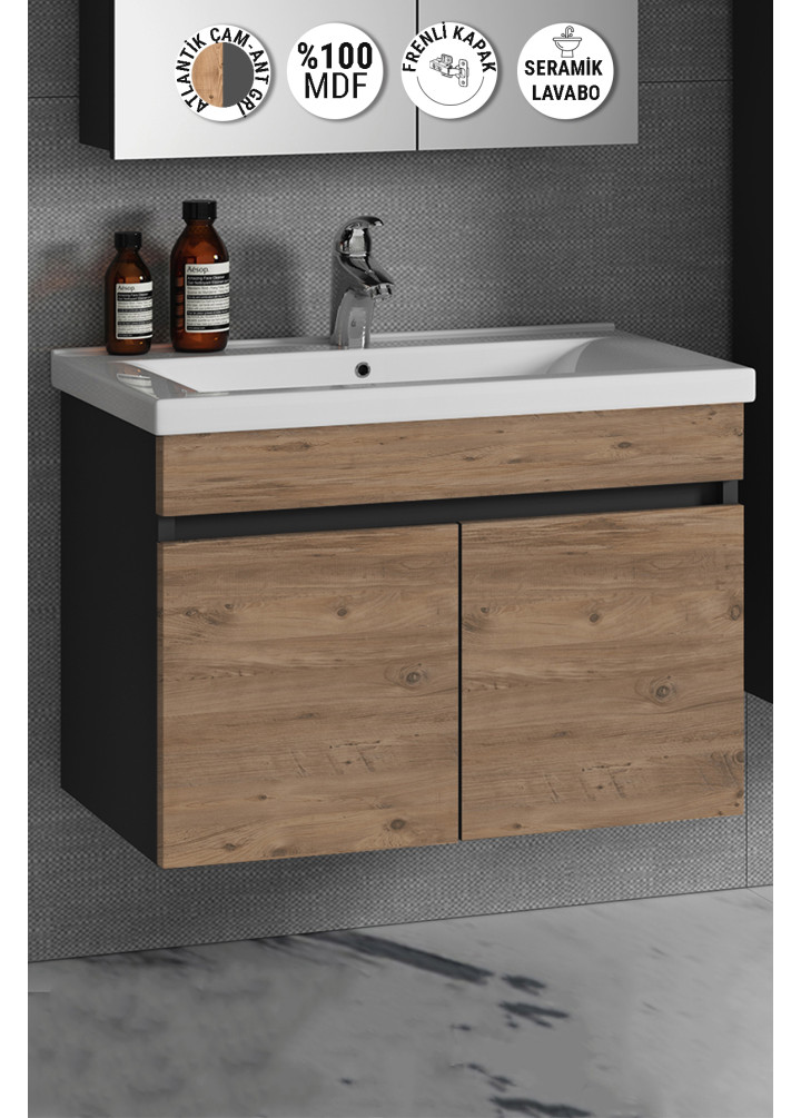 Çiğdem 80 cm Antrasit Gri Mat-Atlantik Çam MDF Seramik Lavabolu Asma Banyo Alt Dolabı