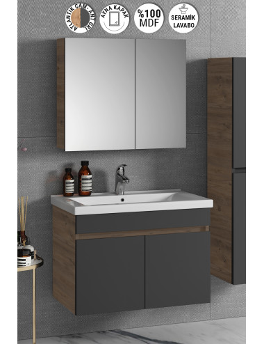 Çiğdem 80 cm Atlantik Çam-Antrasit Gri Mat MDF Seramik Lavabolu Asma Banyo Dolabı Takımı
