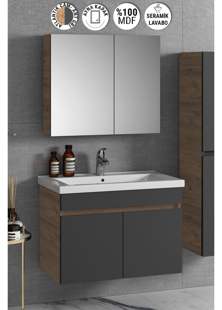 Çiğdem 80 cm Atlantik Çam-Antrasit Gri Mat MDF Seramik Lavabolu Asma Banyo Dolabı Takımı