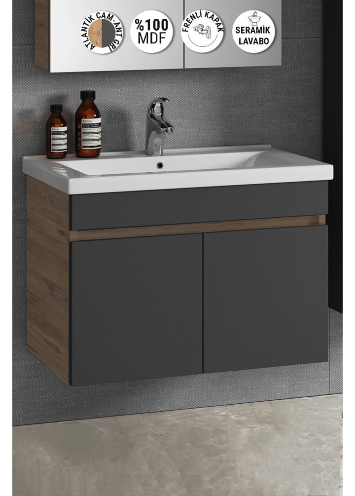 Çiğdem 80 cm Atlantik Çam-Antrasit Gri Mat MDF Seramik Lavabolu Asma Banyo Alt Dolabı