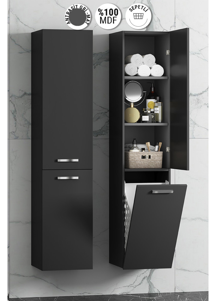 40*167 CM ANTRASİT GRİ MAT ÜST KAPAKLI MDF ASMA SEPETLİ BANYO BOY DOLABI