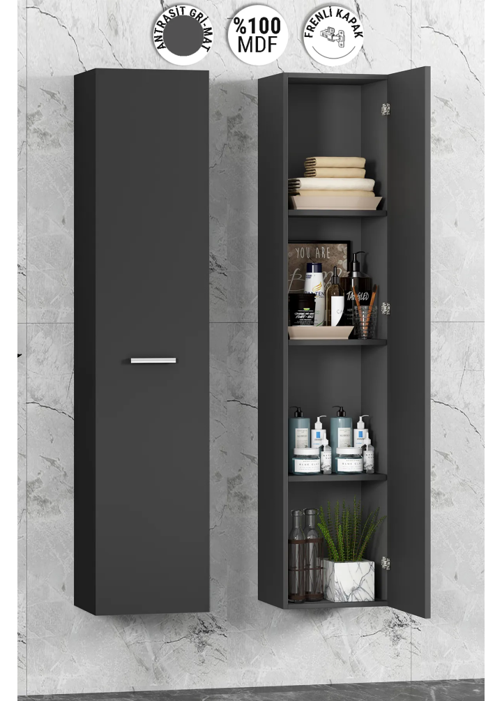 35*167 CM TEK KAPAKLI BOY DOLAP KOMPLE MDF ANTRASİT GRİ MAT