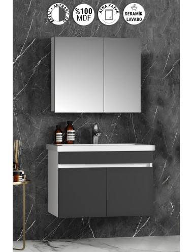 Çiğdem 80 cm Beyaz-Antrasit Gri Mat MDF Seramik Lavabolu Asma Banyo Dolabı Takımı