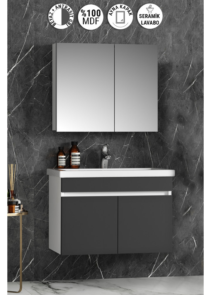Çiğdem 80 cm Beyaz-Antrasit Gri Mat MDF Seramik Lavabolu Asma Banyo Dolabı Takımı
