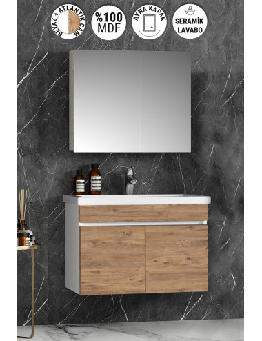 Çiğdem 80 cm Beyaz-Atlantik Çam MDF Seramik Lavabolu Asma Banyo Dolabı Takımı