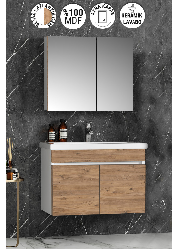 Çiğdem 80 cm Beyaz-Atlantik Çam MDF Seramik Lavabolu Asma Banyo Dolabı Takımı
