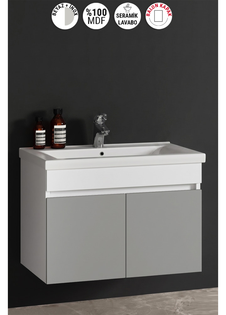 Çiğdem 80 cm Beyaz-İnox Balon MDF Seramik Lavabolu Asma Banyo Alt Dolabı